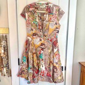 YUJIA Wearable Art Figurative Print Collared Button Front Fit & Flare Dress L